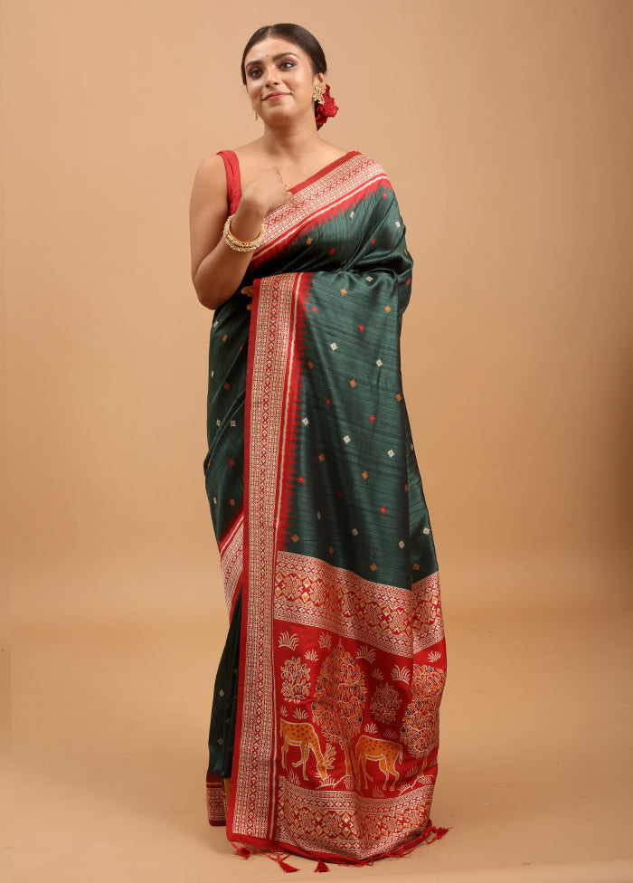 Green Tussar Silk Saree With Blouse Piece