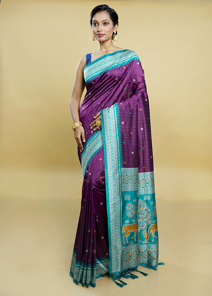 Purple Tussar Silk Saree With Blouse Piece