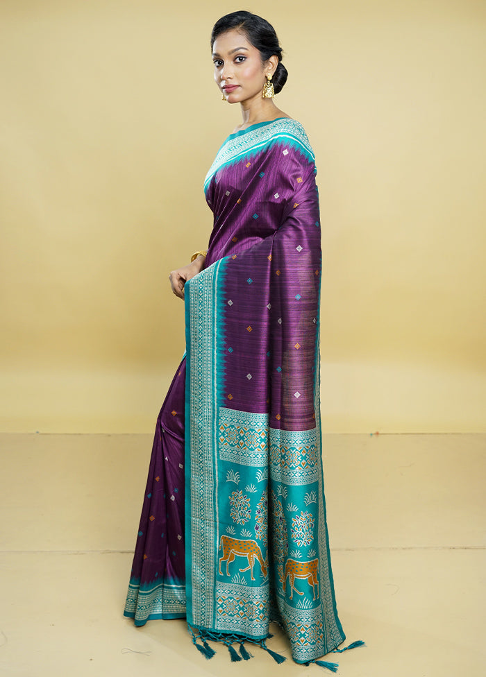 Purple Tussar Silk Saree With Blouse Piece