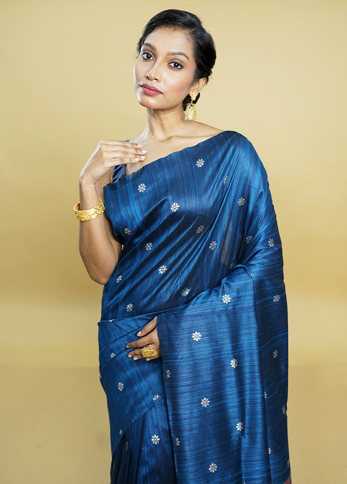 Blue Tussar Silk Saree With Blouse Piece