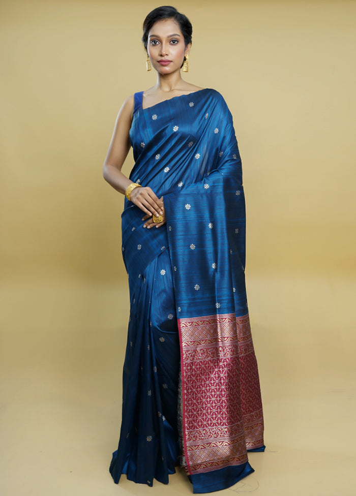 Blue Tussar Silk Saree With Blouse Piece