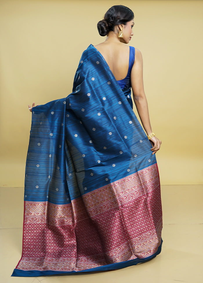 Blue Tussar Silk Saree With Blouse Piece