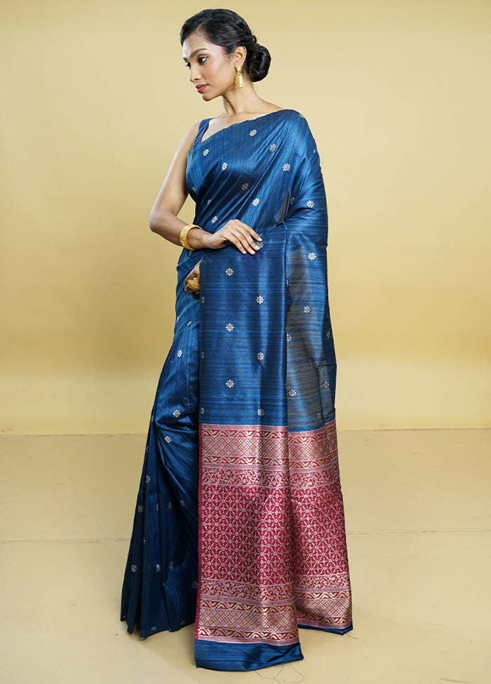 Blue Tussar Silk Saree With Blouse Piece