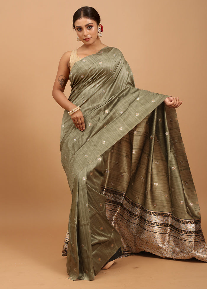 Green Tussar Silk Saree With Blouse Piece