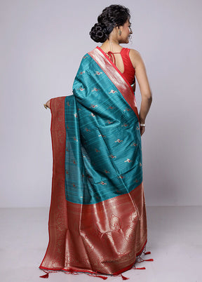 Green Dupion Silk Saree With Blouse Piece