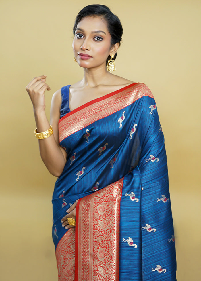 Blue Dupion Silk Saree With Blouse Piece