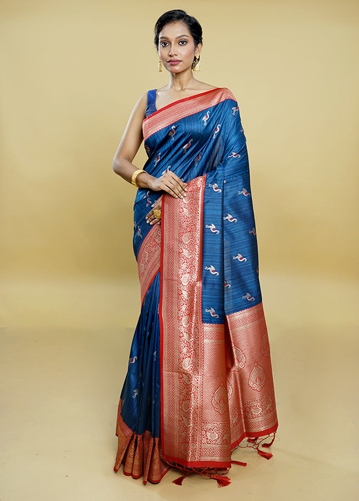 Blue Dupion Silk Saree With Blouse Piece