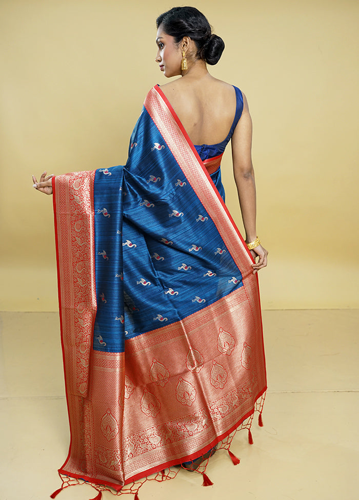 Blue Dupion Silk Saree With Blouse Piece