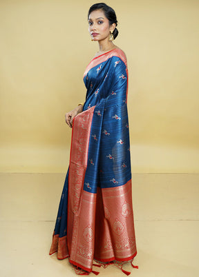 Blue Dupion Silk Saree With Blouse Piece