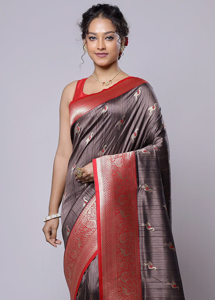 Grey Dupion Silk Saree With Blouse Piece