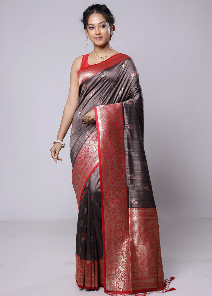 Grey Dupion Silk Saree With Blouse Piece