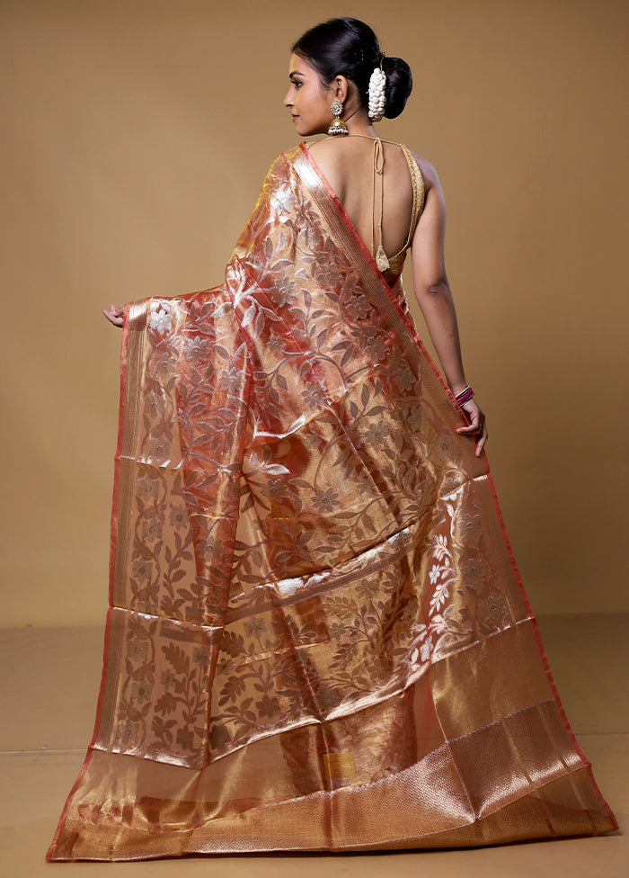 Orange Handloom Tissue Pure Silk Saree With Blouse Piece