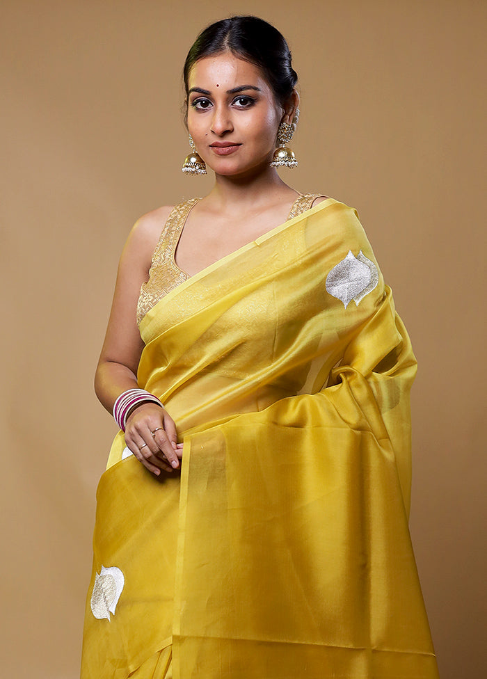 Yellow Handloom Pure Organza Saree With Blouse Piece