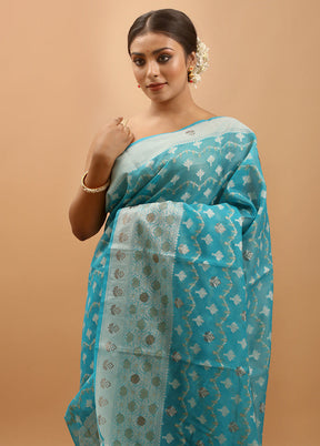 Blue Kota Cotton Saree With Blouse Piece