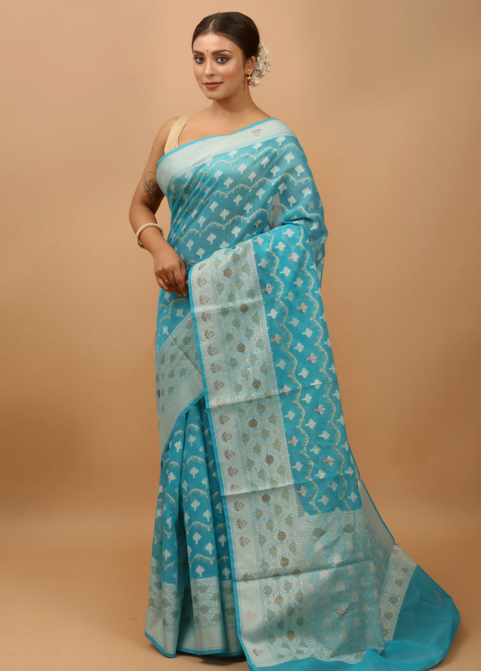 Blue Kota Cotton Saree With Blouse Piece