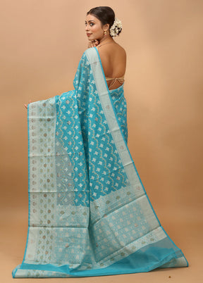 Blue Kota Cotton Saree With Blouse Piece