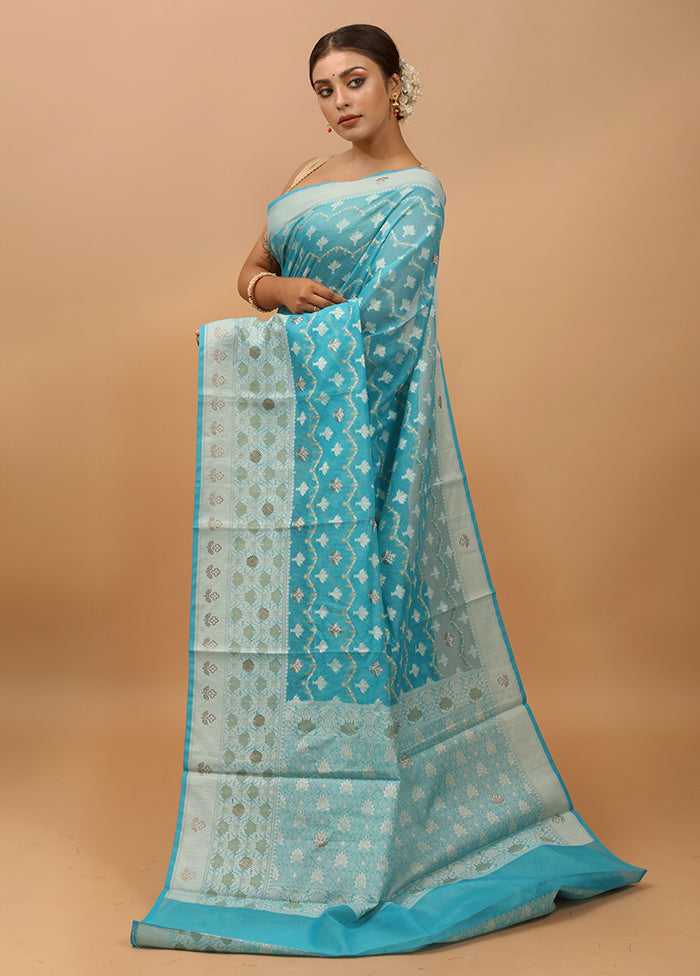 Blue Kota Cotton Saree With Blouse Piece