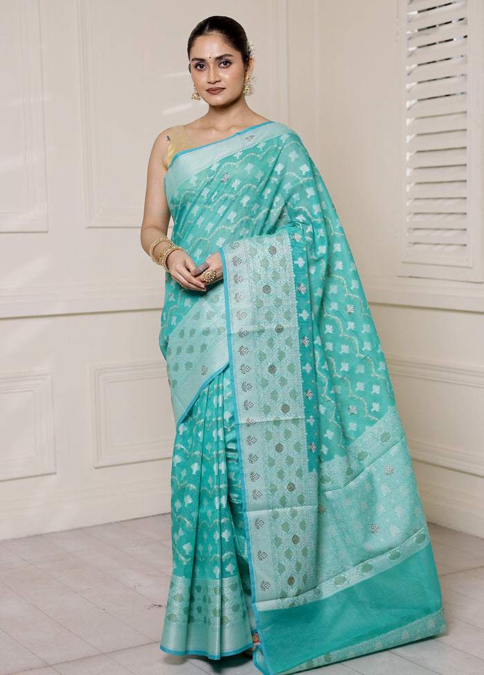 Green Kota Cotton Saree With Blouse Piece