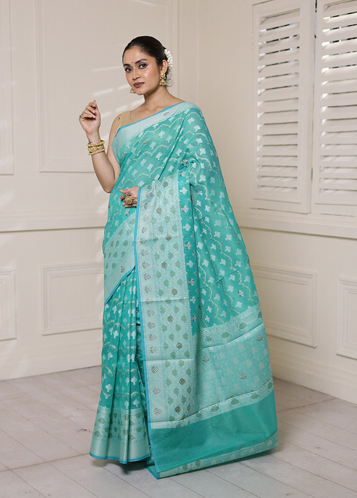 Green Kota Cotton Saree With Blouse Piece