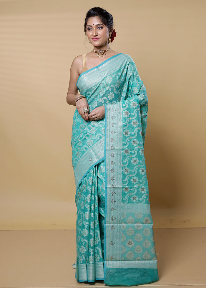 Green Kota Cotton Saree With Blouse Piece