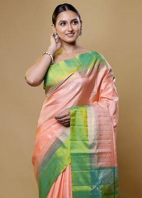 Peach Handloom Kanchipuram Pure Silk Saree With Blouse Piece