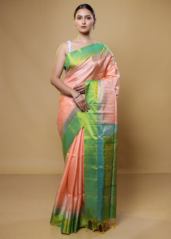 Peach Handloom Kanchipuram Pure Silk Saree With Blouse Piece