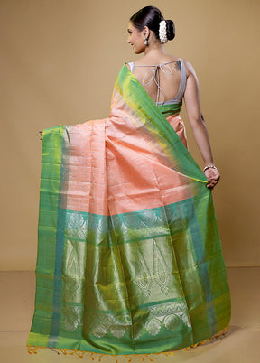 Peach Handloom Kanchipuram Pure Silk Saree With Blouse Piece