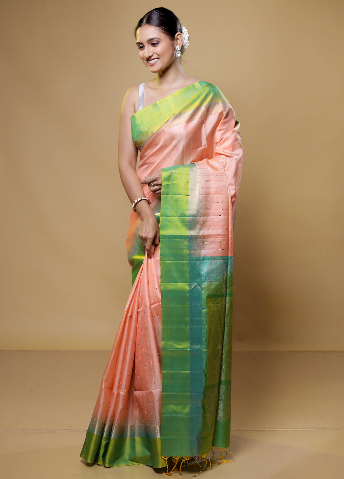 Peach Handloom Kanchipuram Pure Silk Saree With Blouse Piece