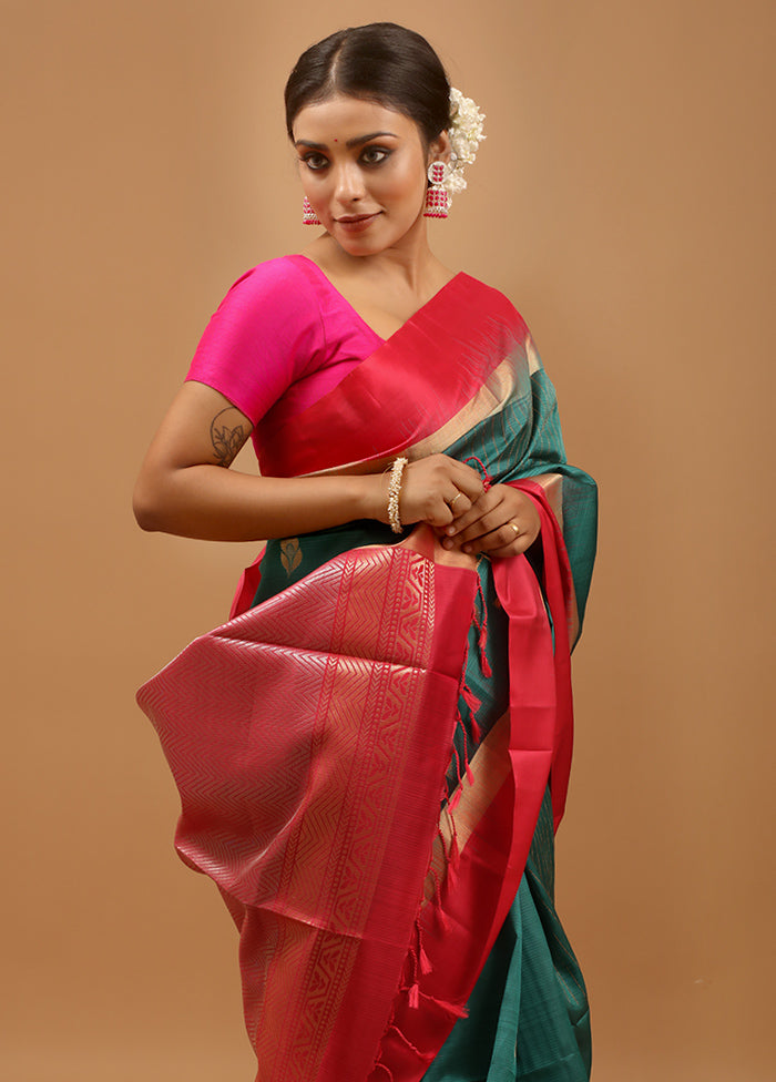 Green Handloom Kanchipuram Pure Silk Saree With Blouse Piece