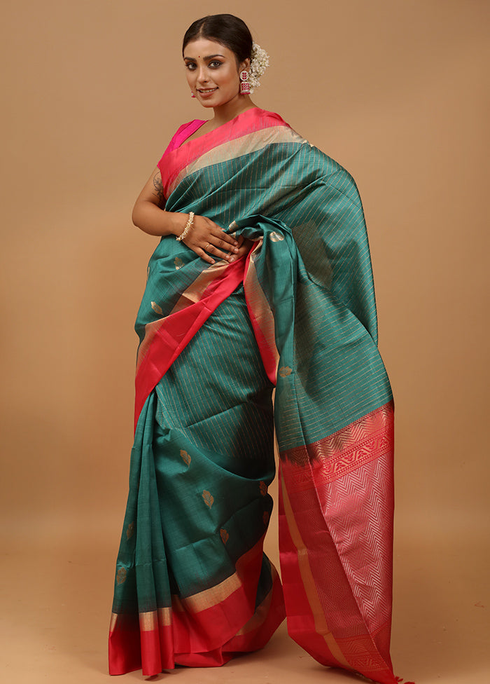 Green Handloom Kanchipuram Pure Silk Saree With Blouse Piece