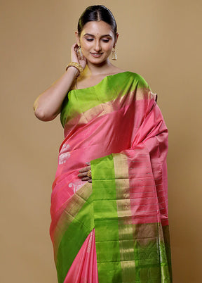 Pink Handloom Kanchipuram Pure Silk Saree With Blouse Piece