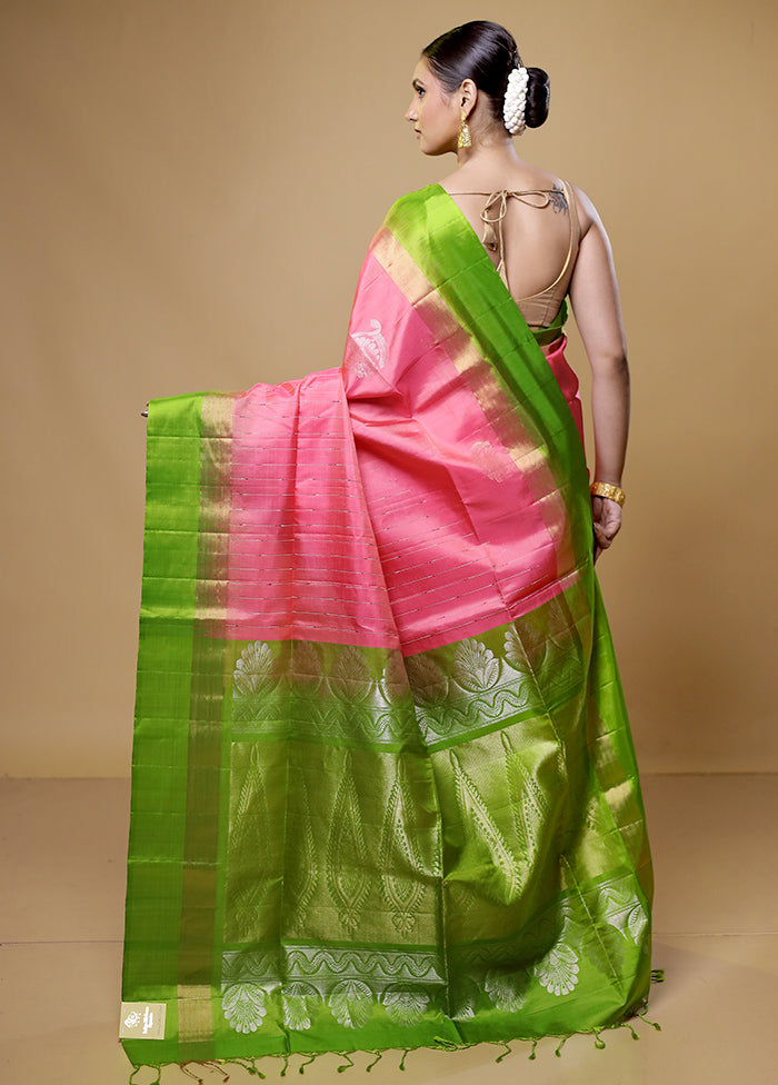 Pink Handloom Kanchipuram Pure Silk Saree With Blouse Piece