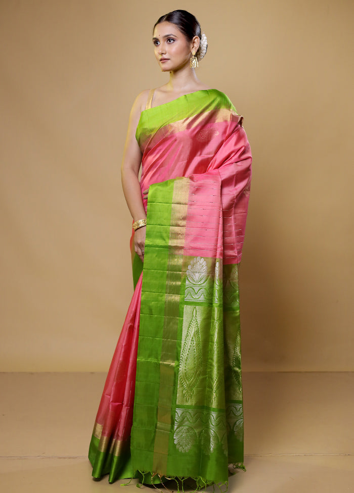 Pink Handloom Kanchipuram Pure Silk Saree With Blouse Piece