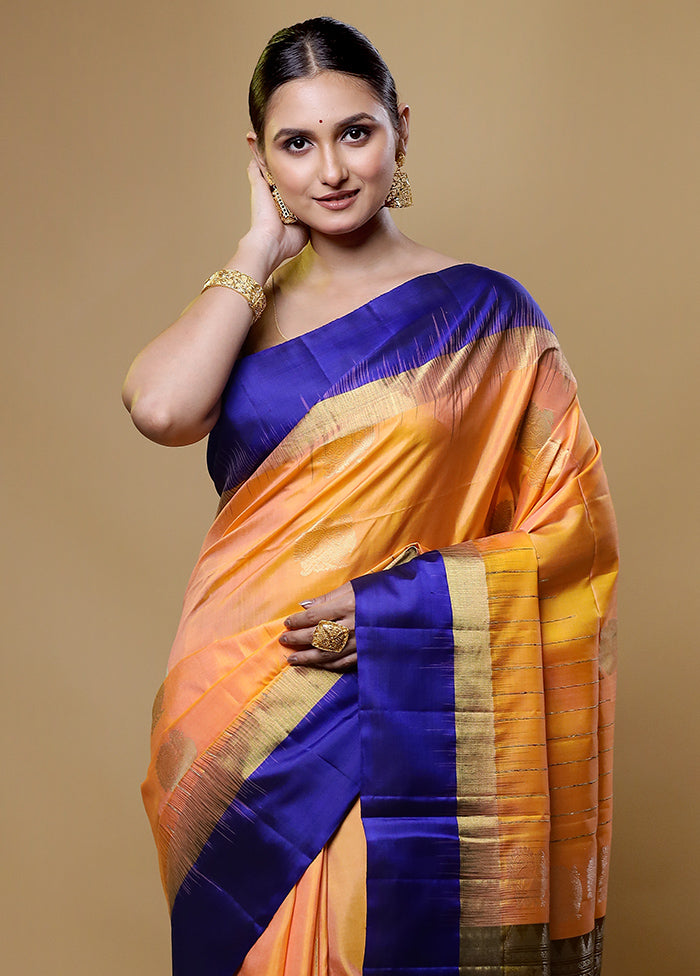 Orange Handloom Kanchipuram Pure Silk Saree With Blouse Piece