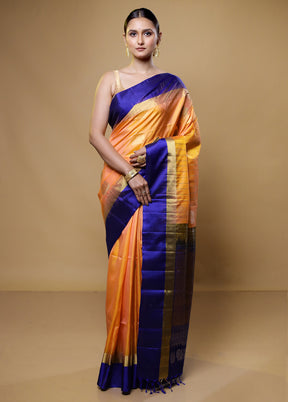 Orange Handloom Kanchipuram Pure Silk Saree With Blouse Piece