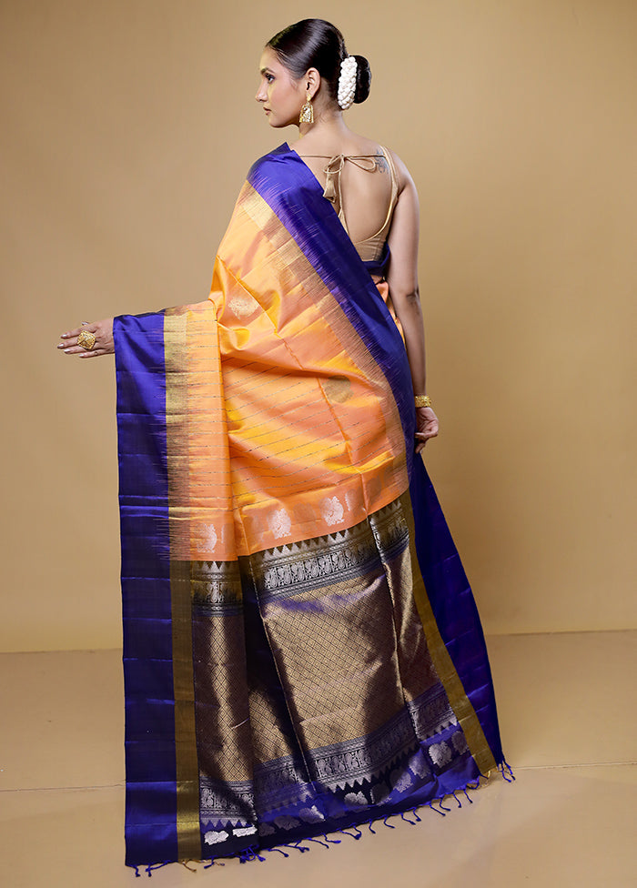 Orange Handloom Kanchipuram Pure Silk Saree With Blouse Piece