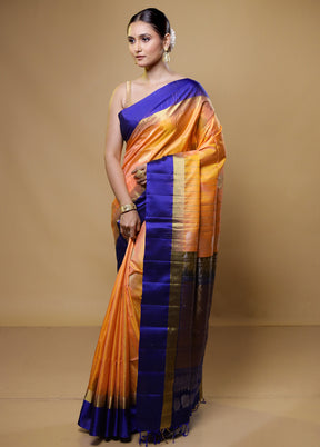 Orange Handloom Kanchipuram Pure Silk Saree With Blouse Piece