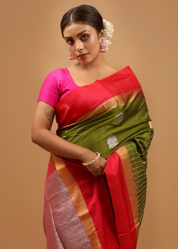 Green Handloom Kanchipuram Pure Silk Saree With Blouse Piece