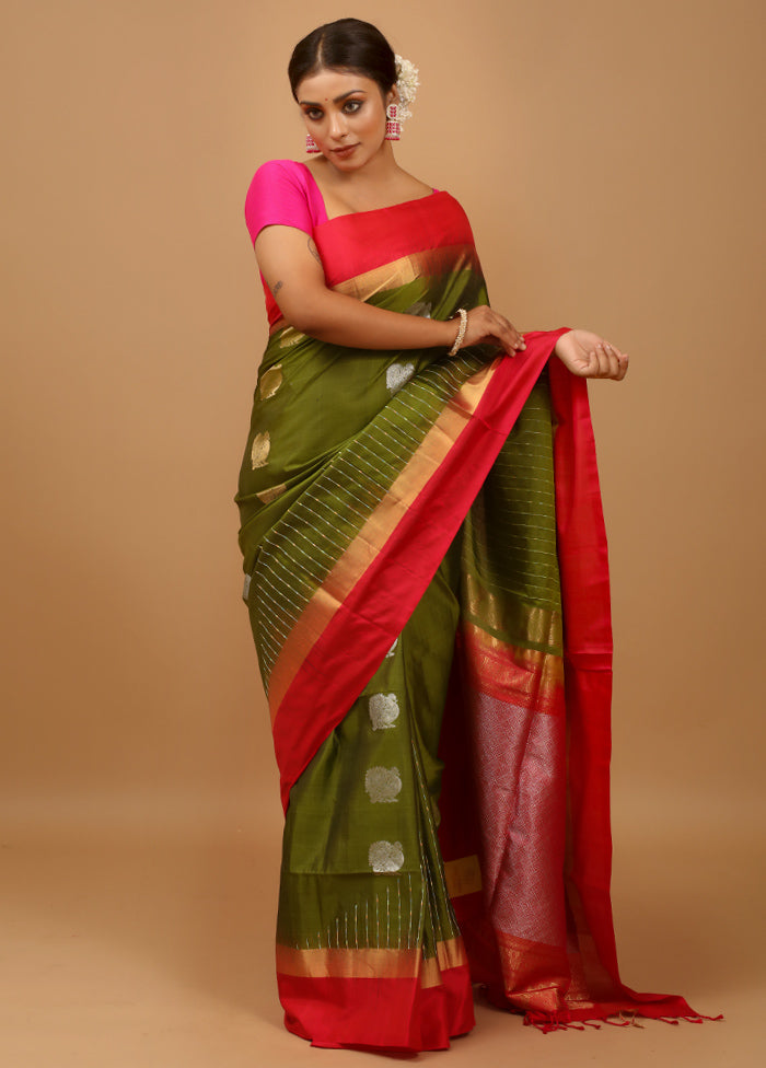 Green Handloom Kanchipuram Pure Silk Saree With Blouse Piece