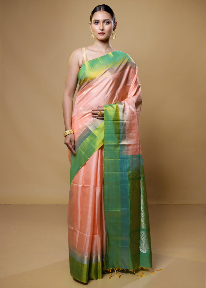 Pink Handloom Kanchipuram Pure Silk Saree With Blouse Piece