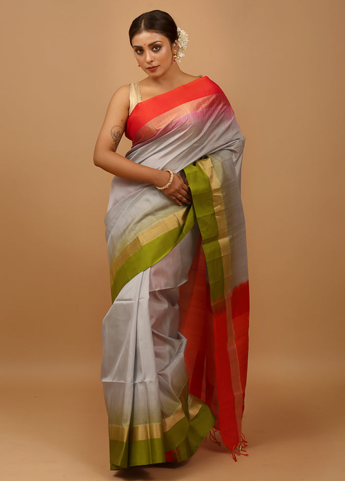 Grey Handloom Kanjivaram Pure Silk Saree With Blouse Piece