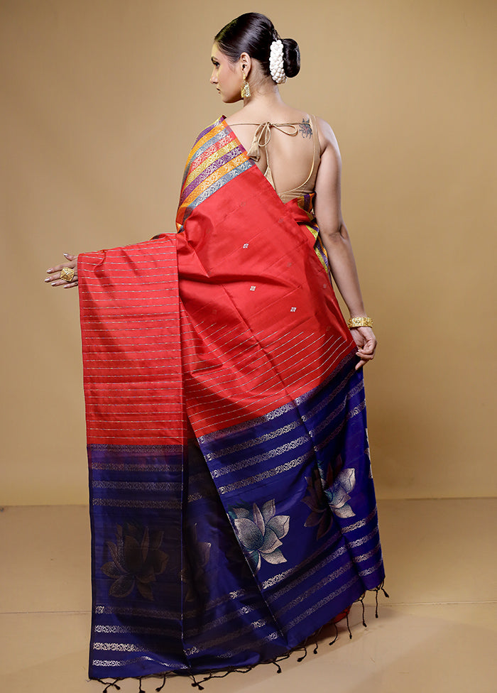 Red Handloom Kanchipuram Pure Silk Saree With Blouse Piece