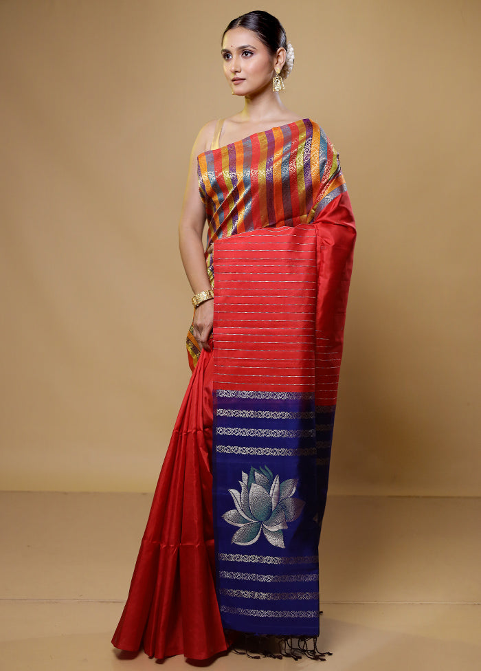 Red Handloom Kanchipuram Pure Silk Saree With Blouse Piece