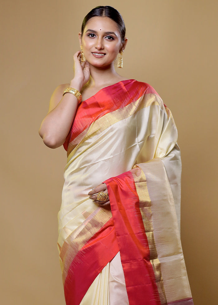 Cream Handloom Kanchipuram Pure Silk Saree With Blouse Piece