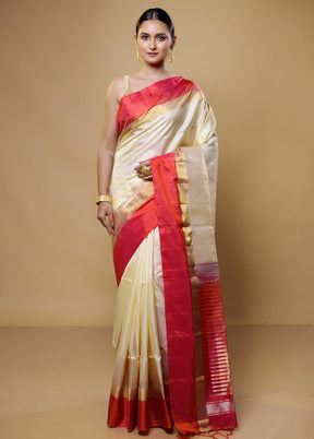 Cream Handloom Kanchipuram Pure Silk Saree With Blouse Piece