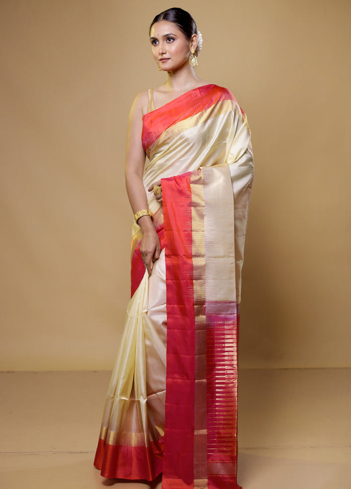 Cream Handloom Kanchipuram Pure Silk Saree With Blouse Piece