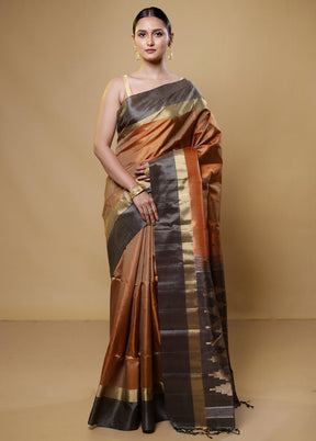 Orange Handloom Kanchipuram Pure Silk Saree With Blouse Piece