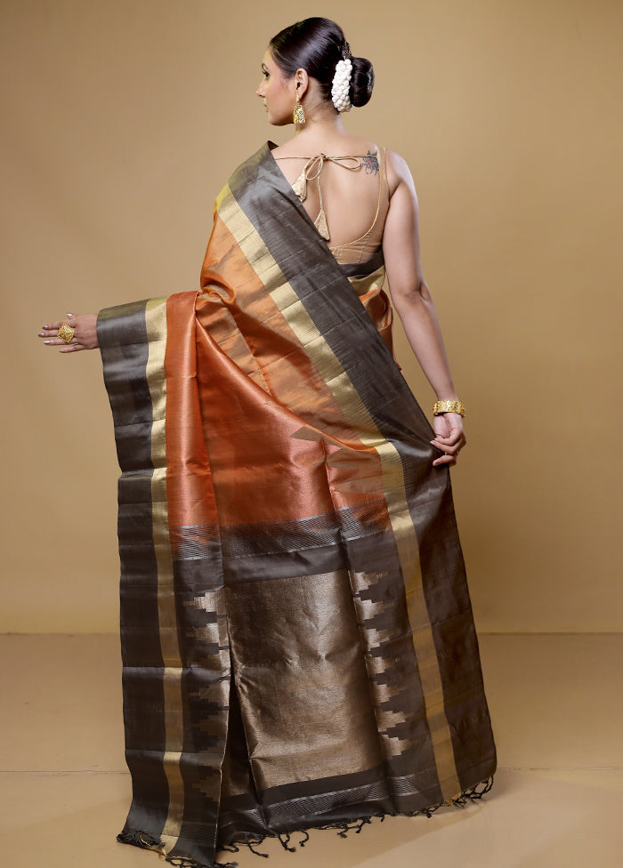 Orange Handloom Kanchipuram Pure Silk Saree With Blouse Piece