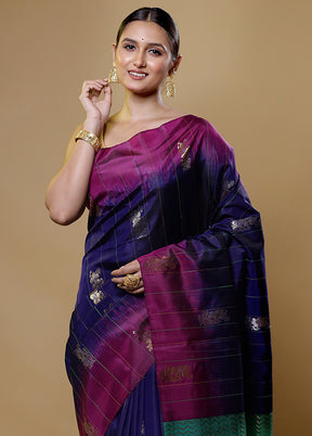 Blue Handloom Kanchipuram Pure Silk Saree With Blouse Piece