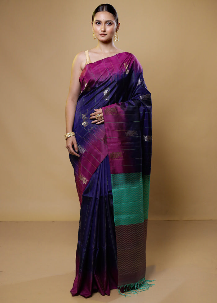 Blue Handloom Kanchipuram Pure Silk Saree With Blouse Piece